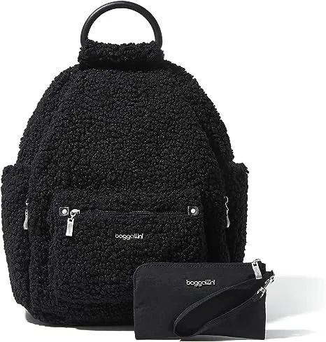 Baggallini Women's Everyday Backpack with RFID Phone Strap black faux sheepskin