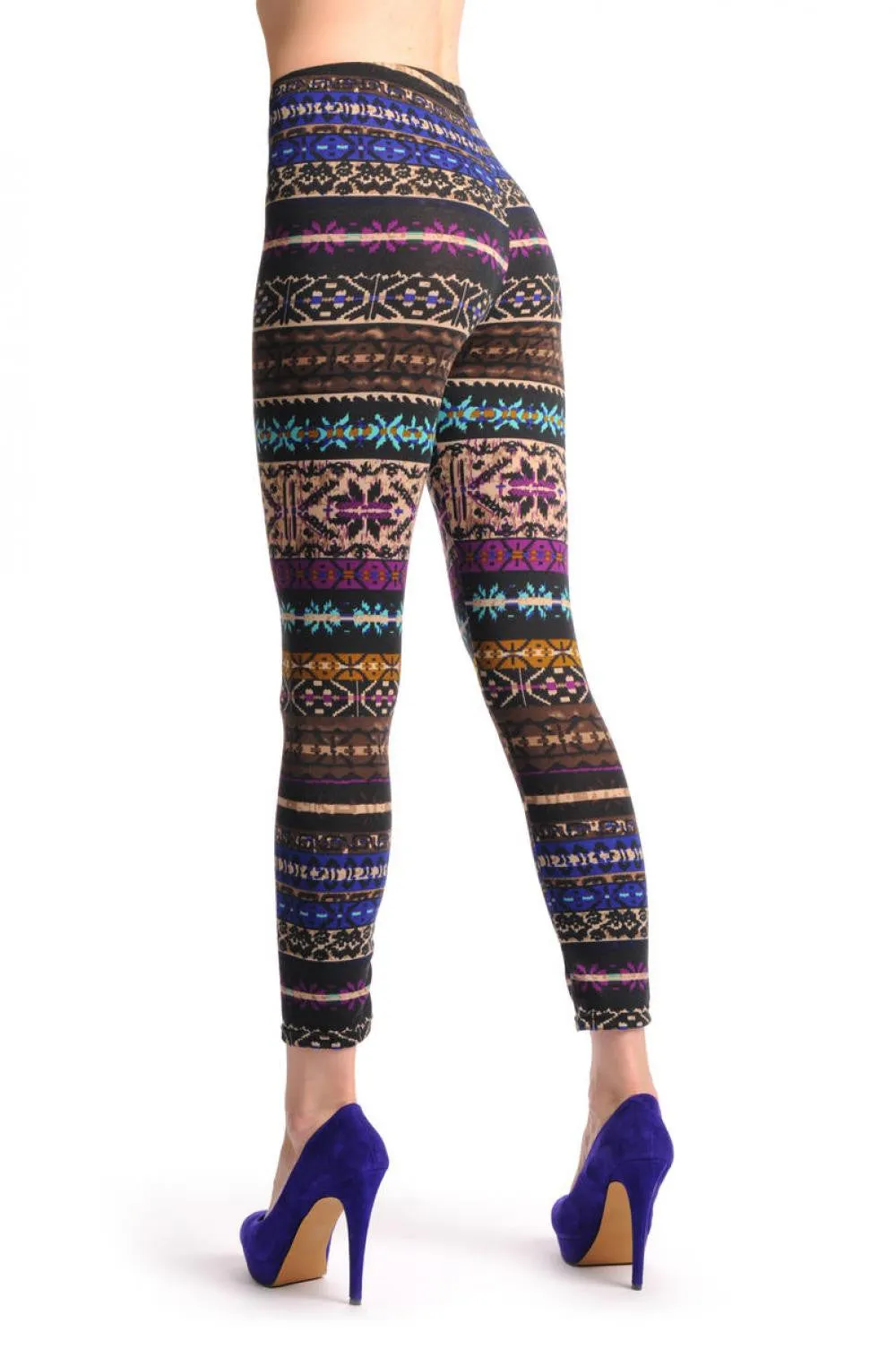 Beige Blue Purple & Brown On Black Aztec Jacquard Knit Print