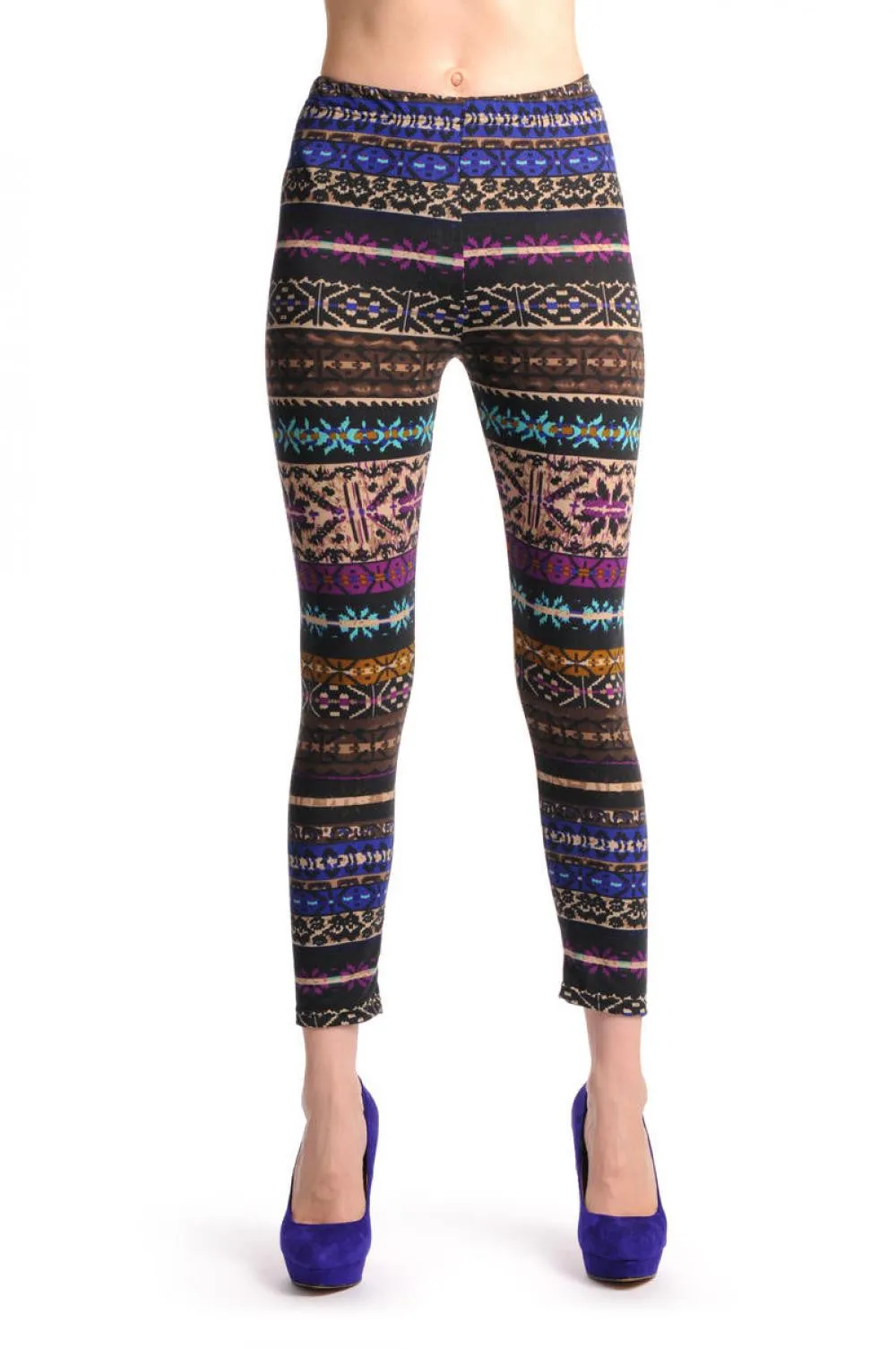 Beige Blue Purple & Brown On Black Aztec Jacquard Knit Print