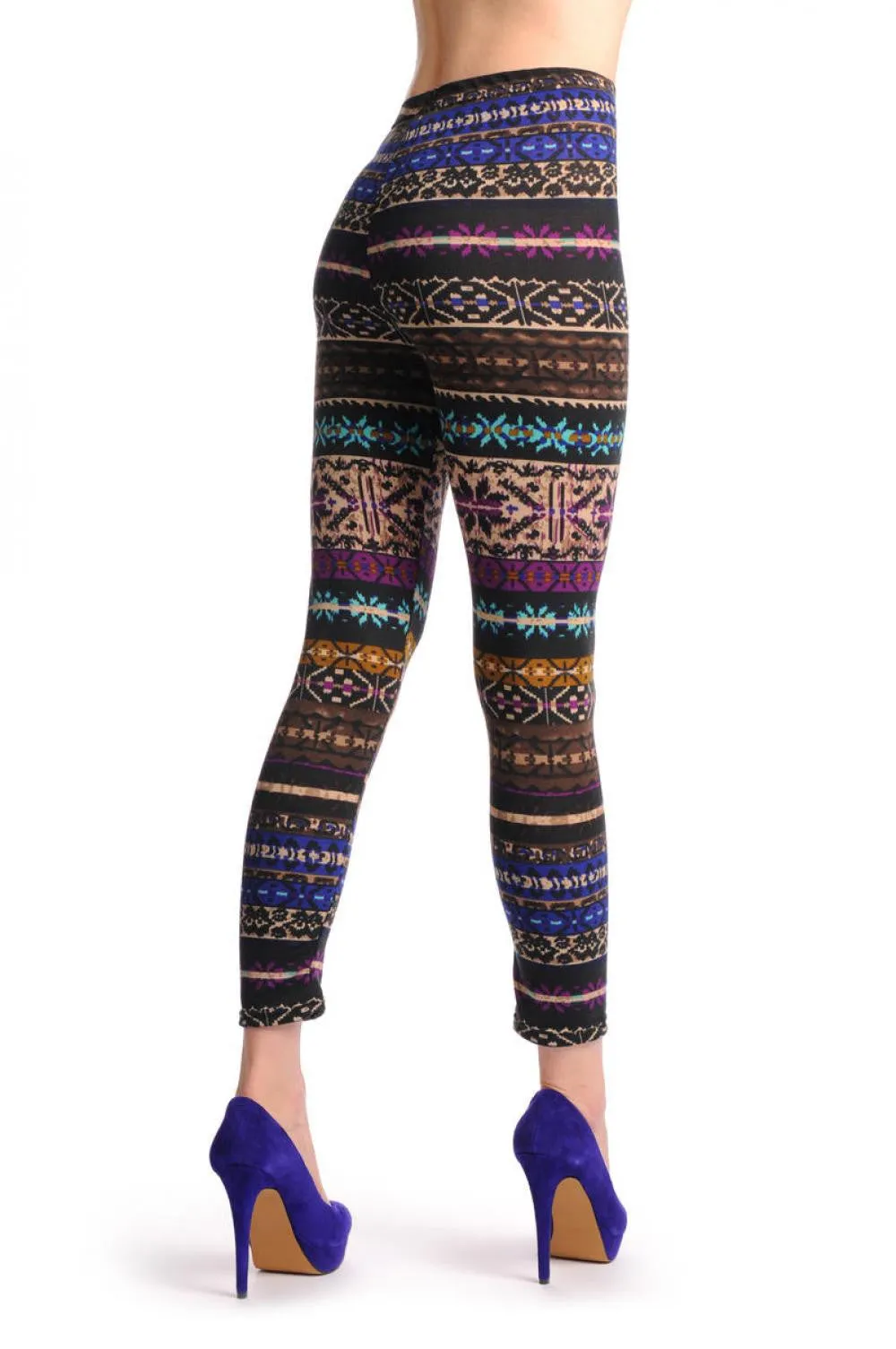 Beige Blue Purple & Brown On Black Aztec Jacquard Knit Print