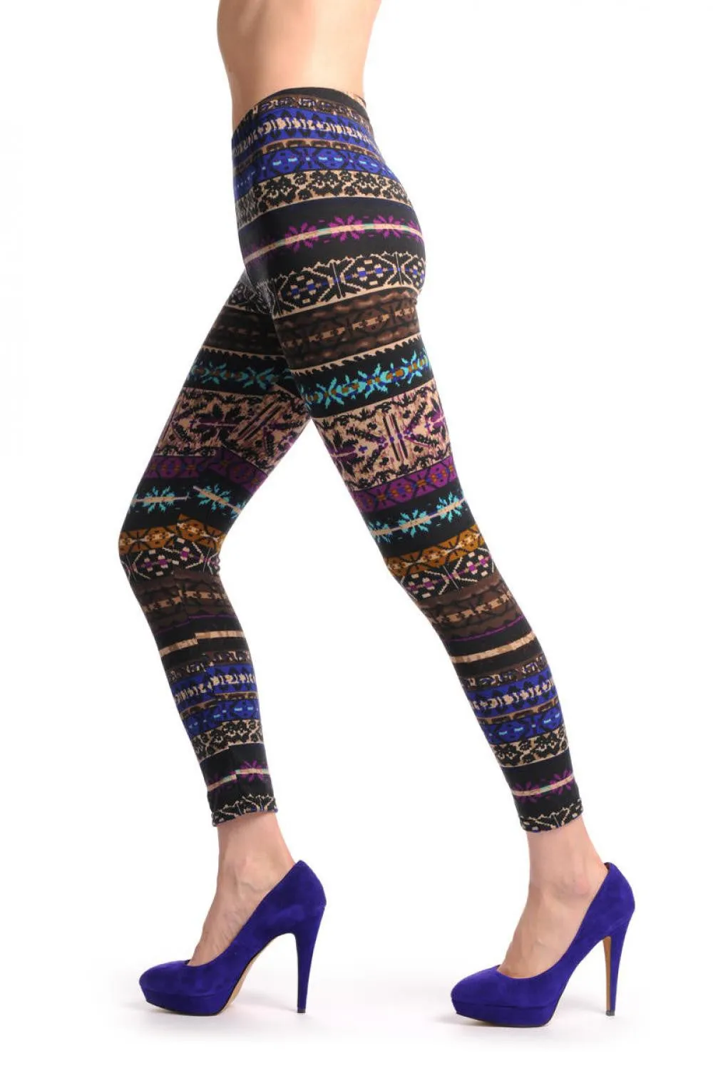 Beige Blue Purple & Brown On Black Aztec Jacquard Knit Print