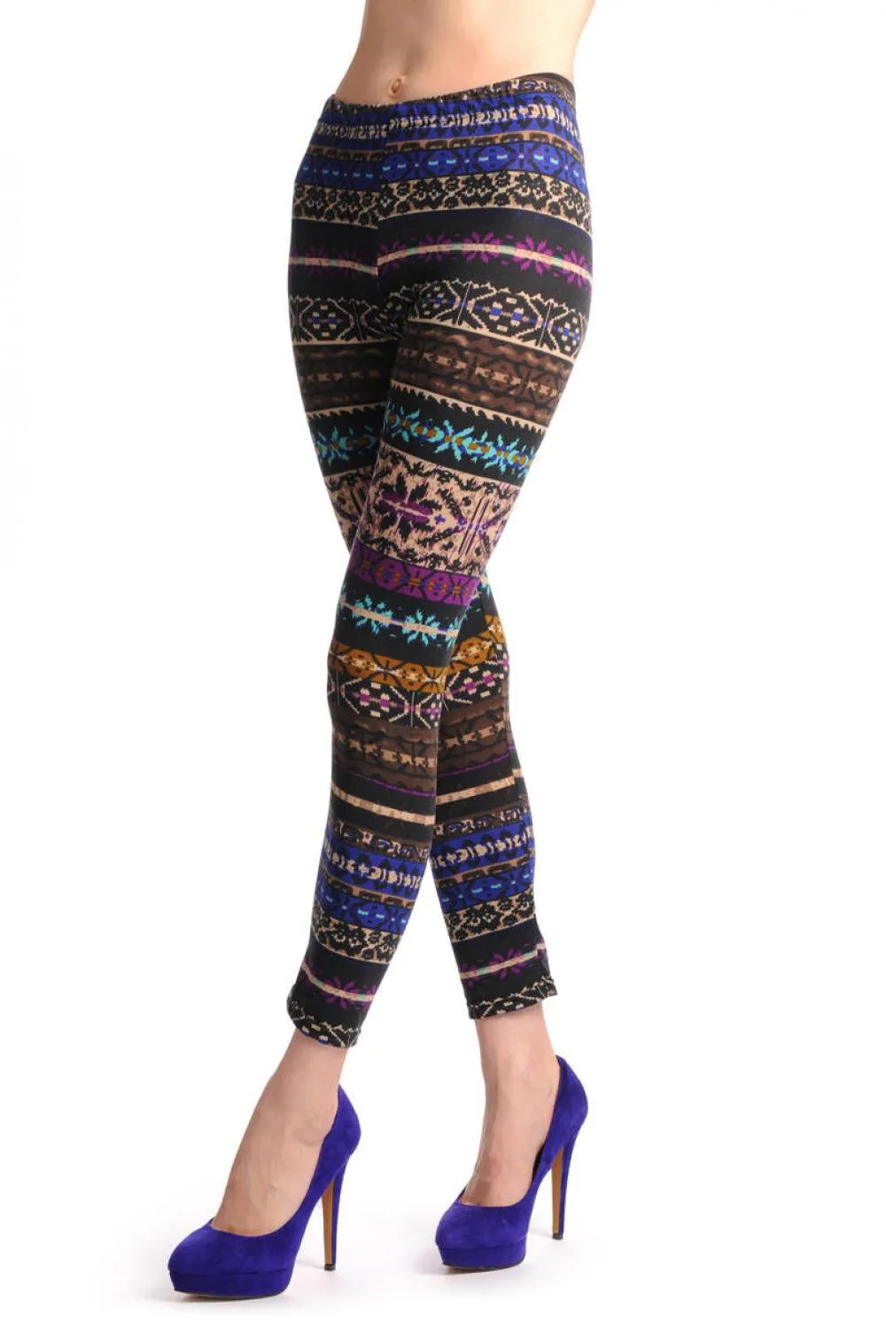 Beige Blue Purple & Brown On Black Aztec Jacquard Knit Print