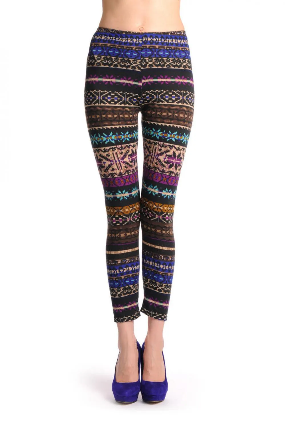 Beige Blue Purple & Brown On Black Aztec Jacquard Knit Print