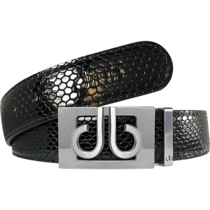 Black Snakeskin Textured Leather Belt with Classic Silver Thru Buckle