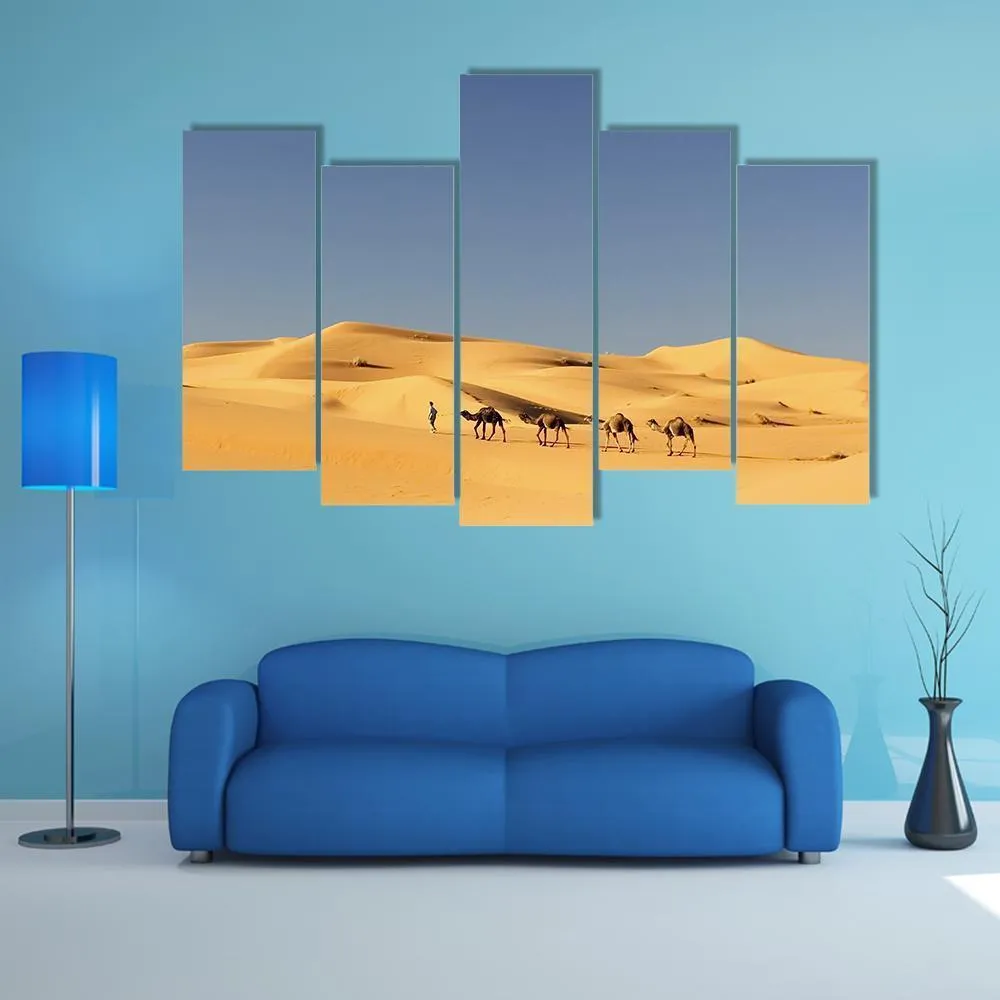 Camels In Desert Canvas Wall Art