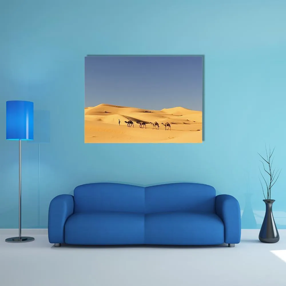 Camels In Desert Canvas Wall Art