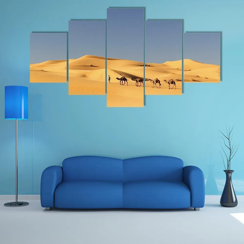 Camels In Desert Canvas Wall Art