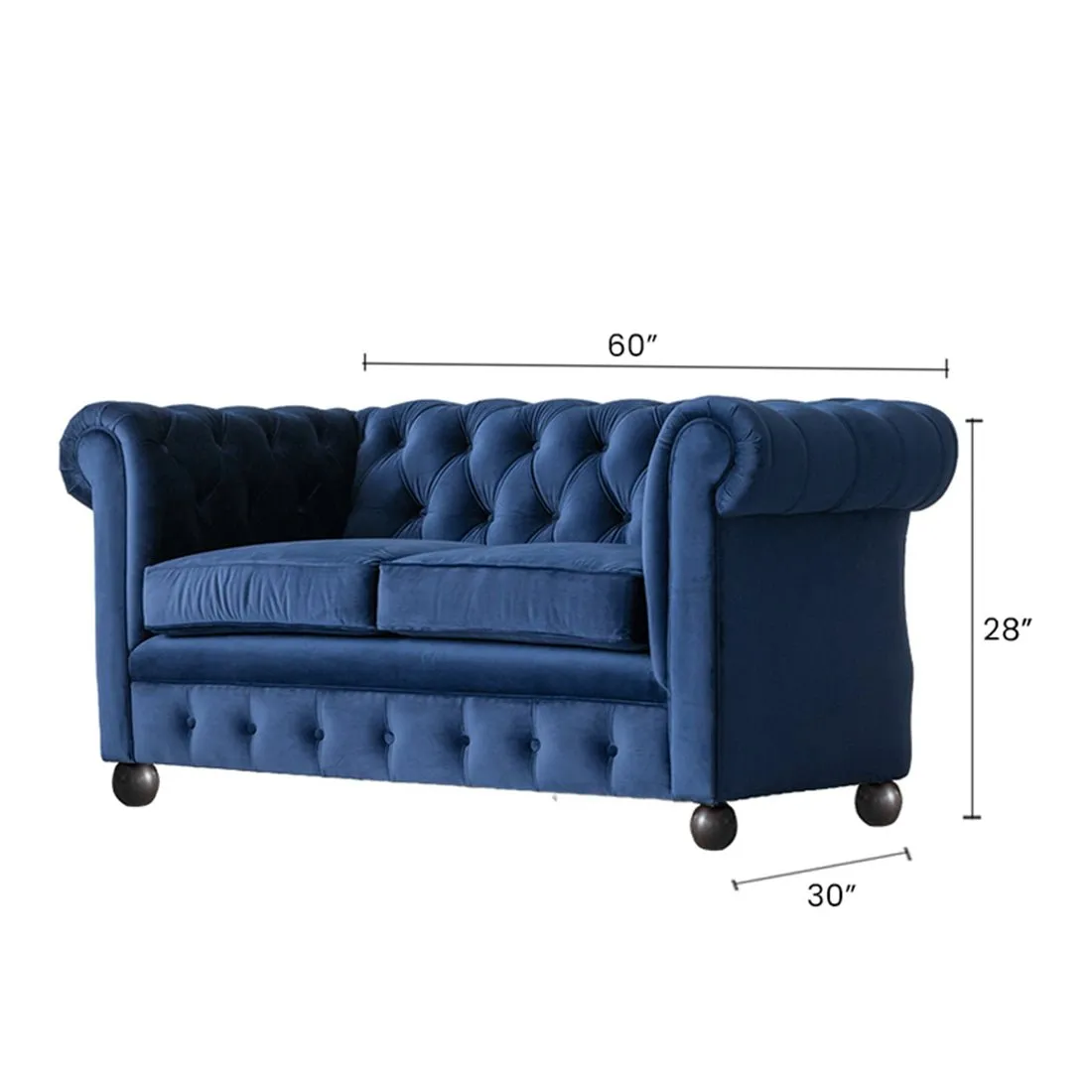 Cassava Solid Wood 2 Seater Fabric Chesterfield Sofa for Living Room - Blue