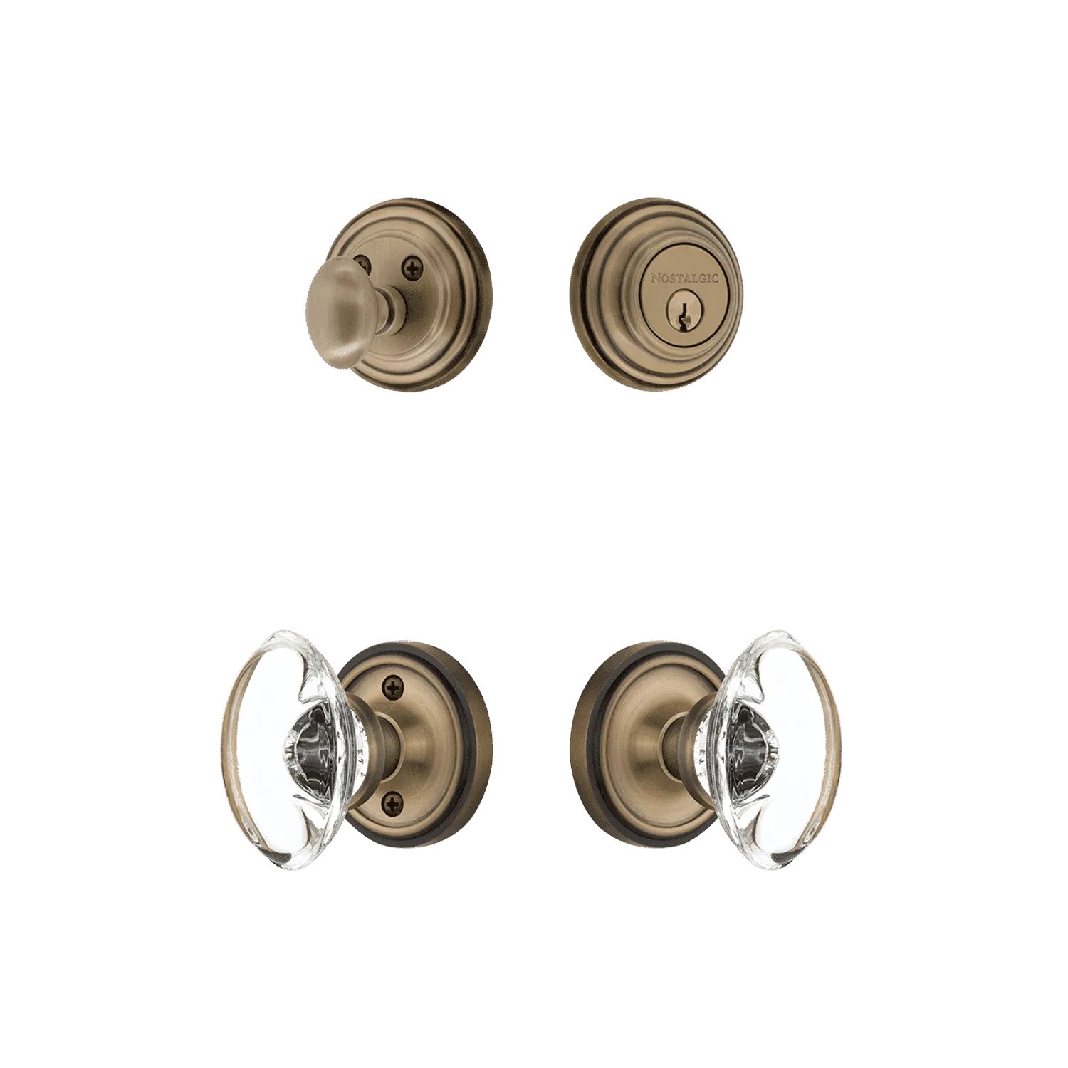 Classic Rosette Entry Set with Oval Clear Crystal Knob in Antique Brass