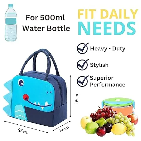 Cute 3d design Animal Printed Insulated  Lunch bag for kids (Blue Dino)