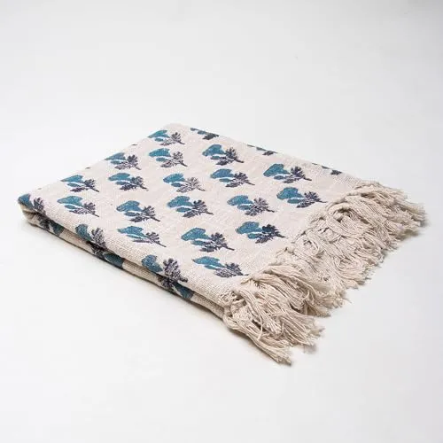 DMAASA Pure Cotton Throw Blanket | Handmade Block Print Blue Floral Throw 50x60 Inches | Throw for Sofa, Bed, Chair and Couch | Breathable and Lightweight