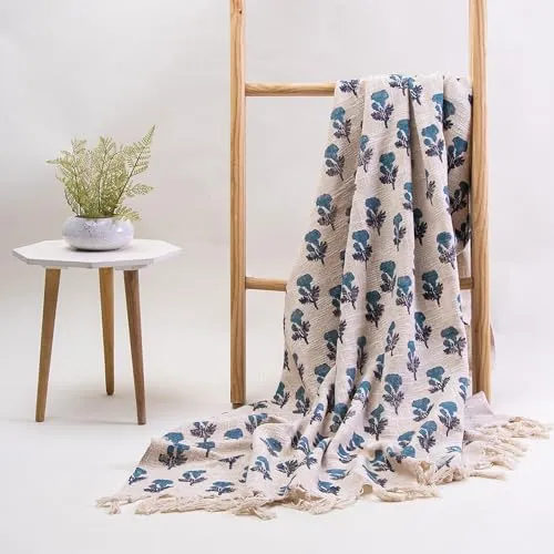 DMAASA Pure Cotton Throw Blanket | Handmade Block Print Blue Floral Throw 50x60 Inches | Throw for Sofa, Bed, Chair and Couch | Breathable and Lightweight