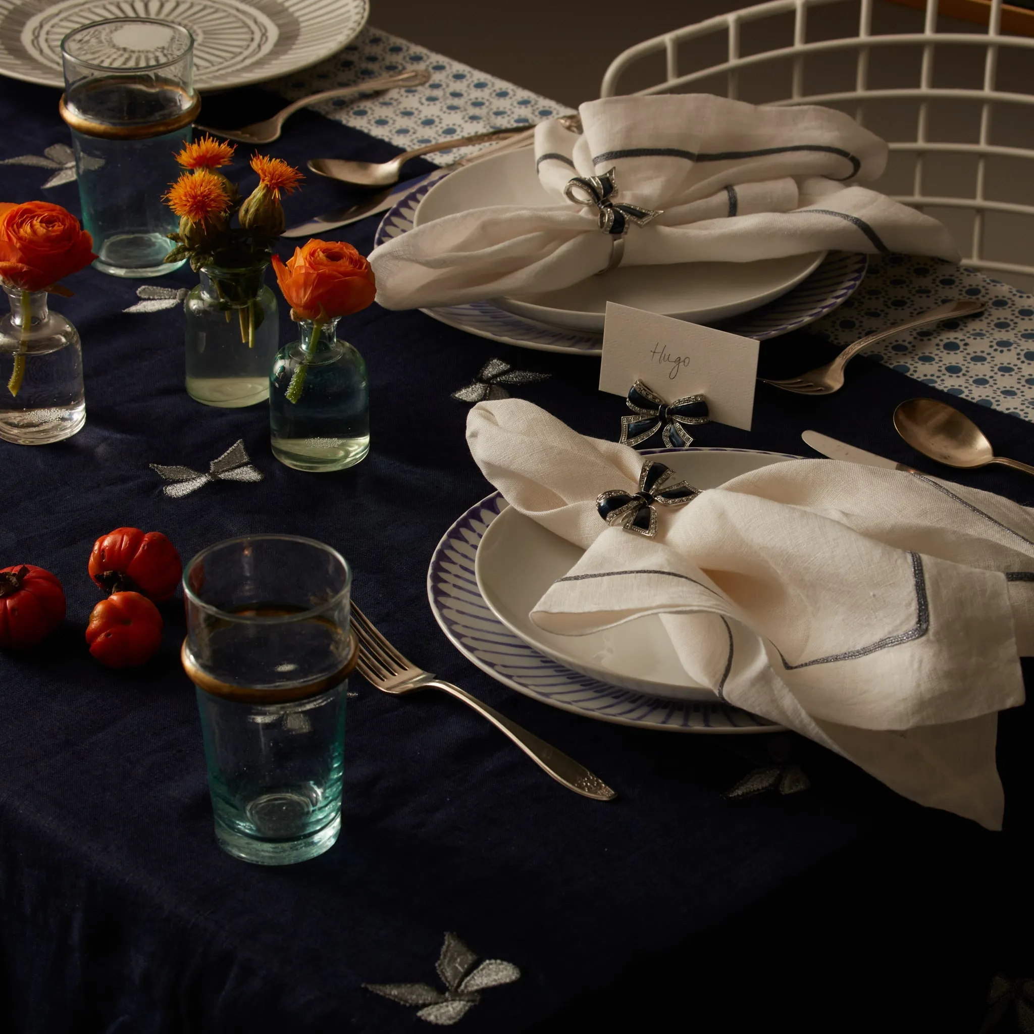 Enamel Bow Skinny Napkin Rings, Navy, Set Of Four