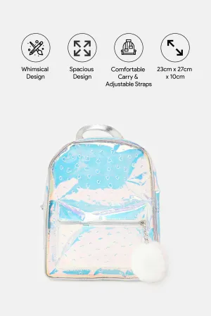 Girls Blue Embellished Backpack With Pom Pom