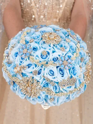 Light Blue Gold  quinceanera bouquet 9 inches