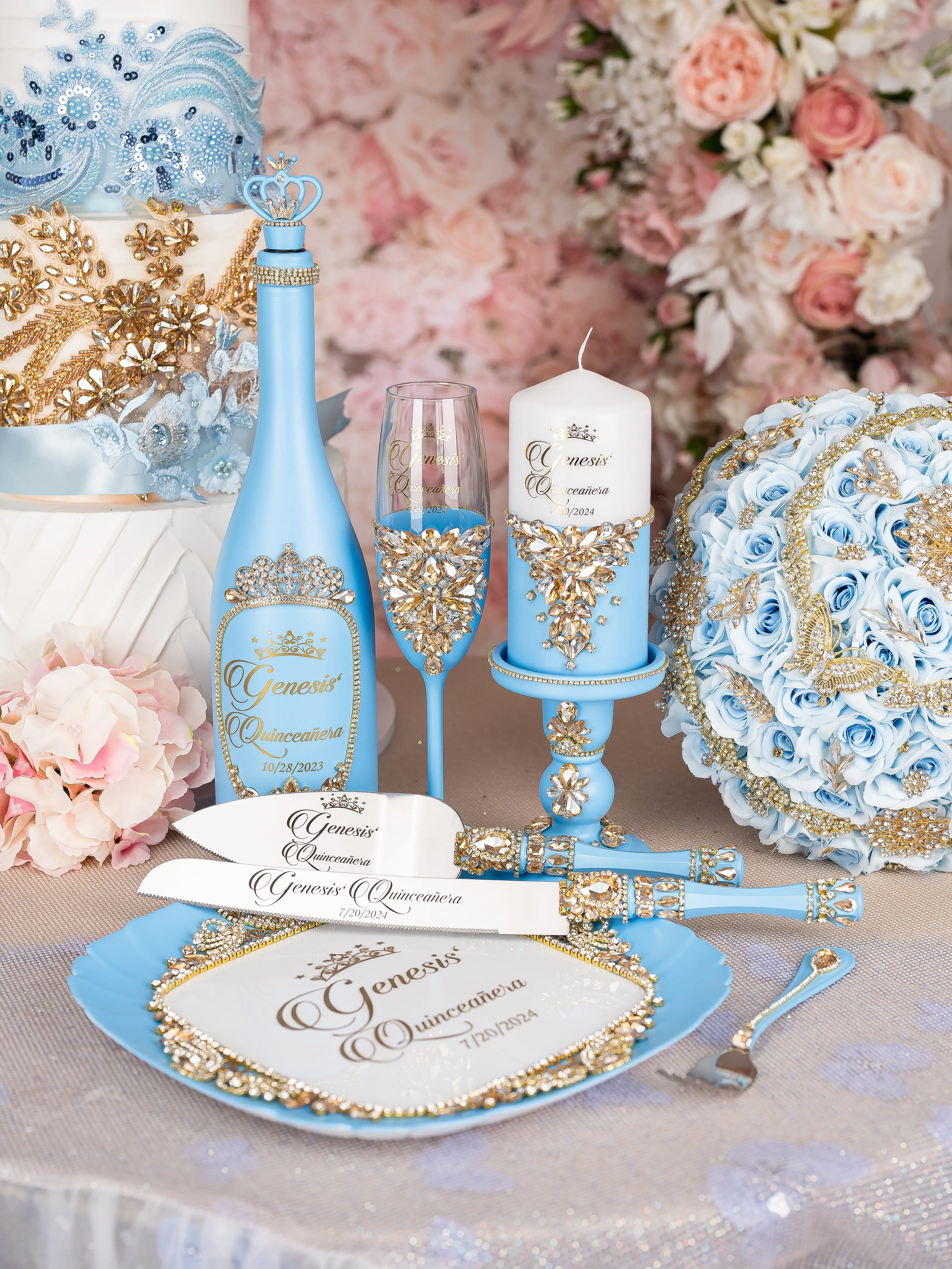 Light Blue Gold quinceanera brindis package