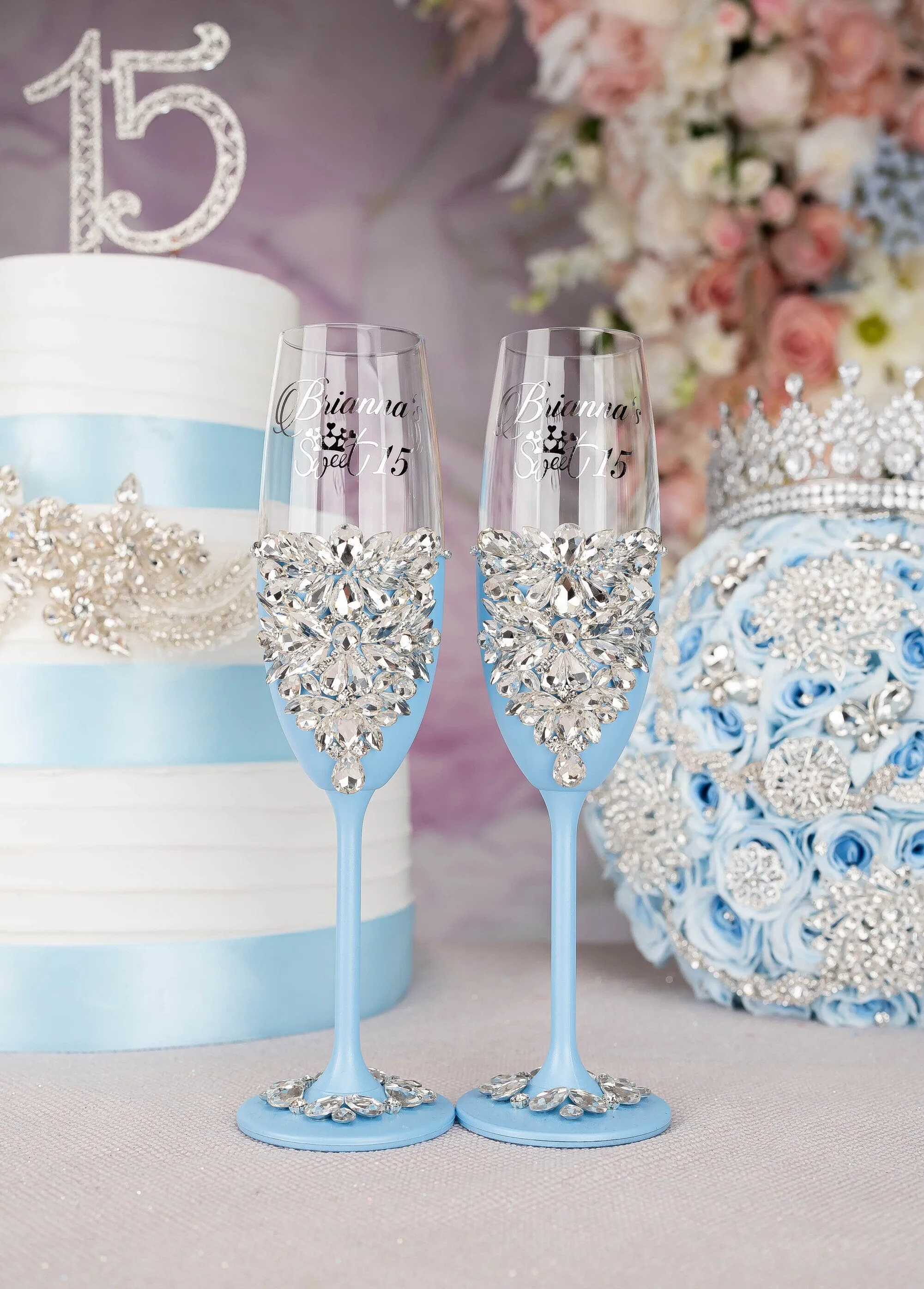 Light blue quinceanera brindis package with bottle and candle