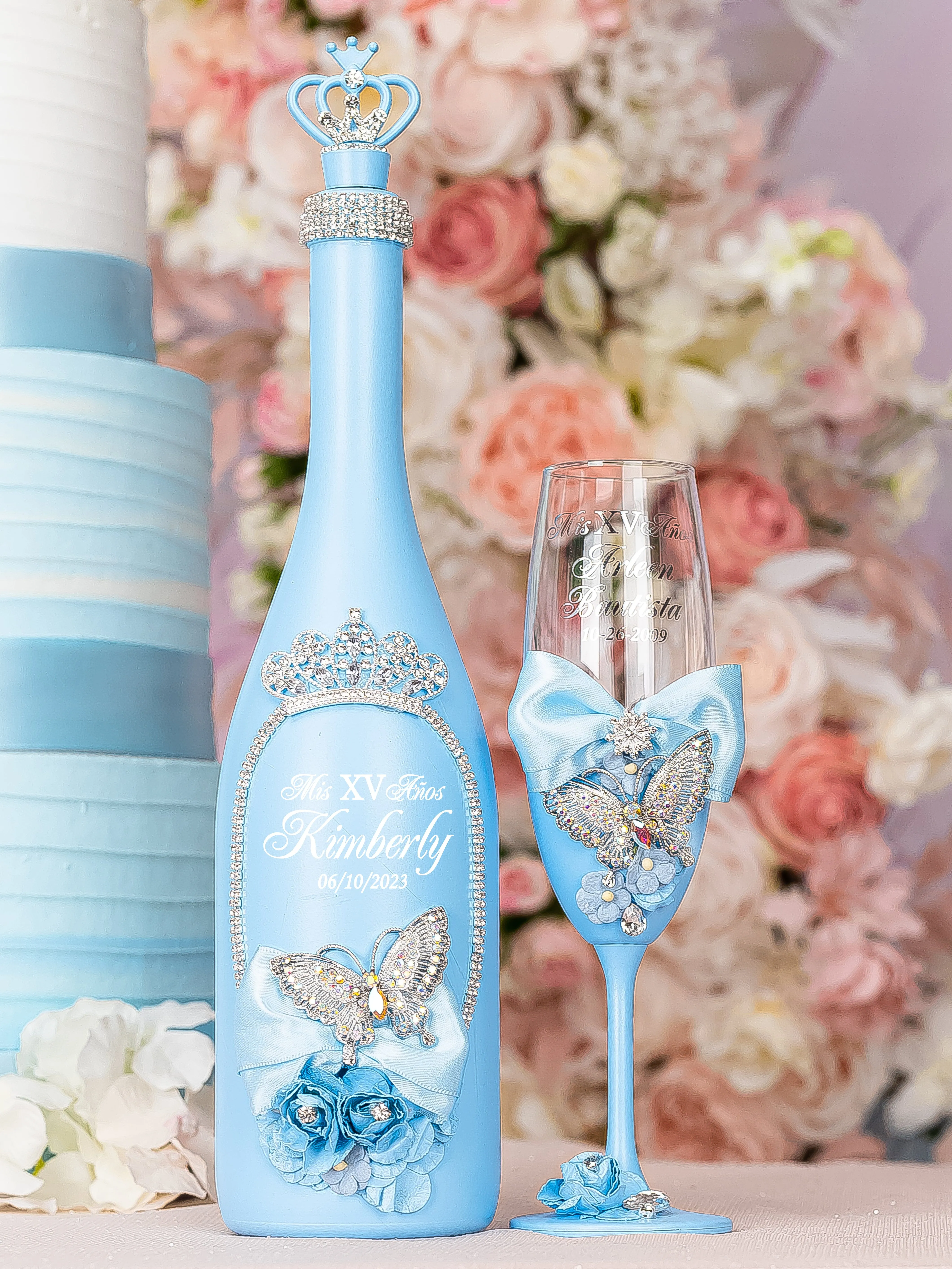 Light blue with butterflies Quinceanera cake knife and server