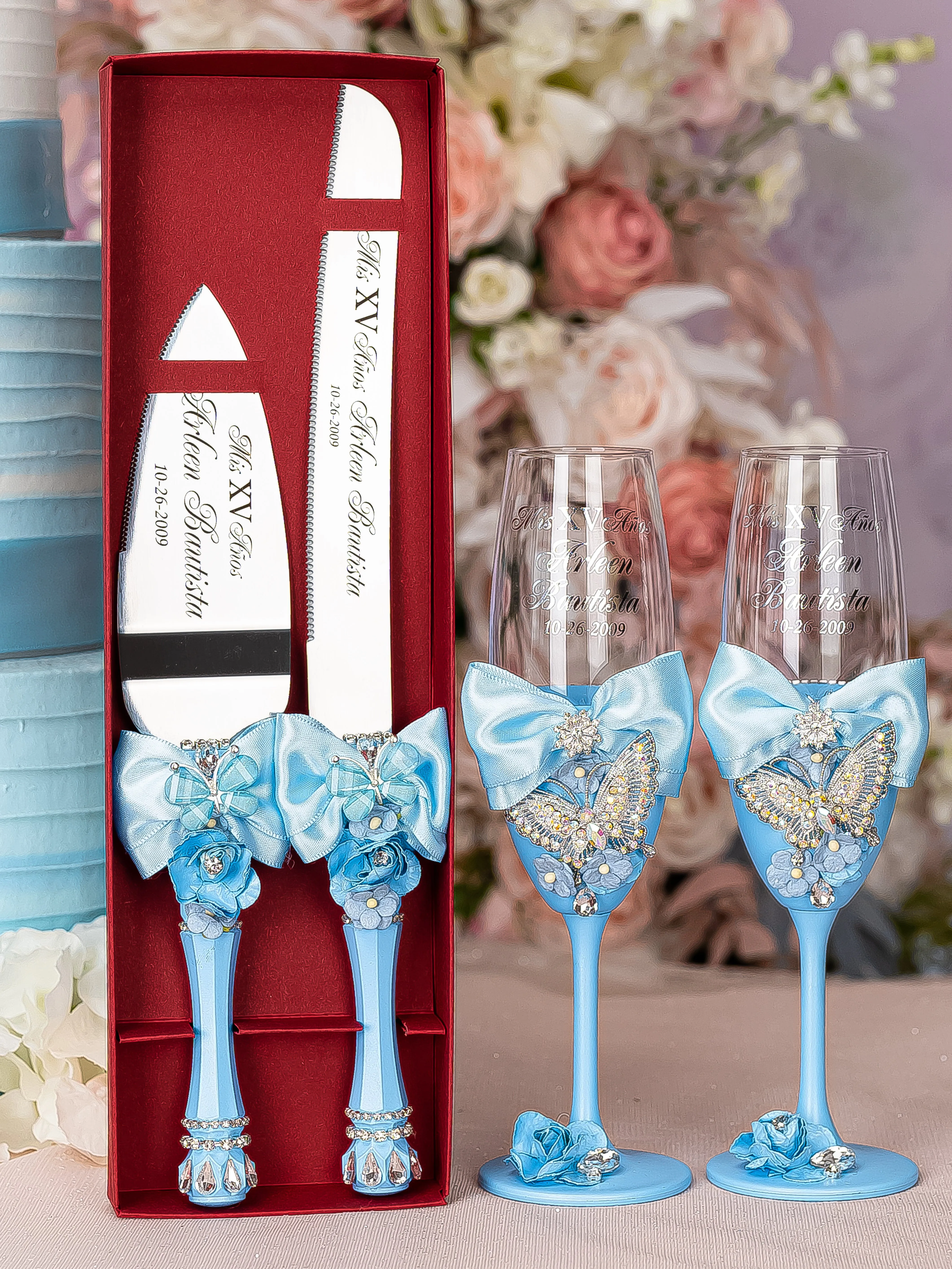 Light blue with butterflies Quinceanera cake knife and server