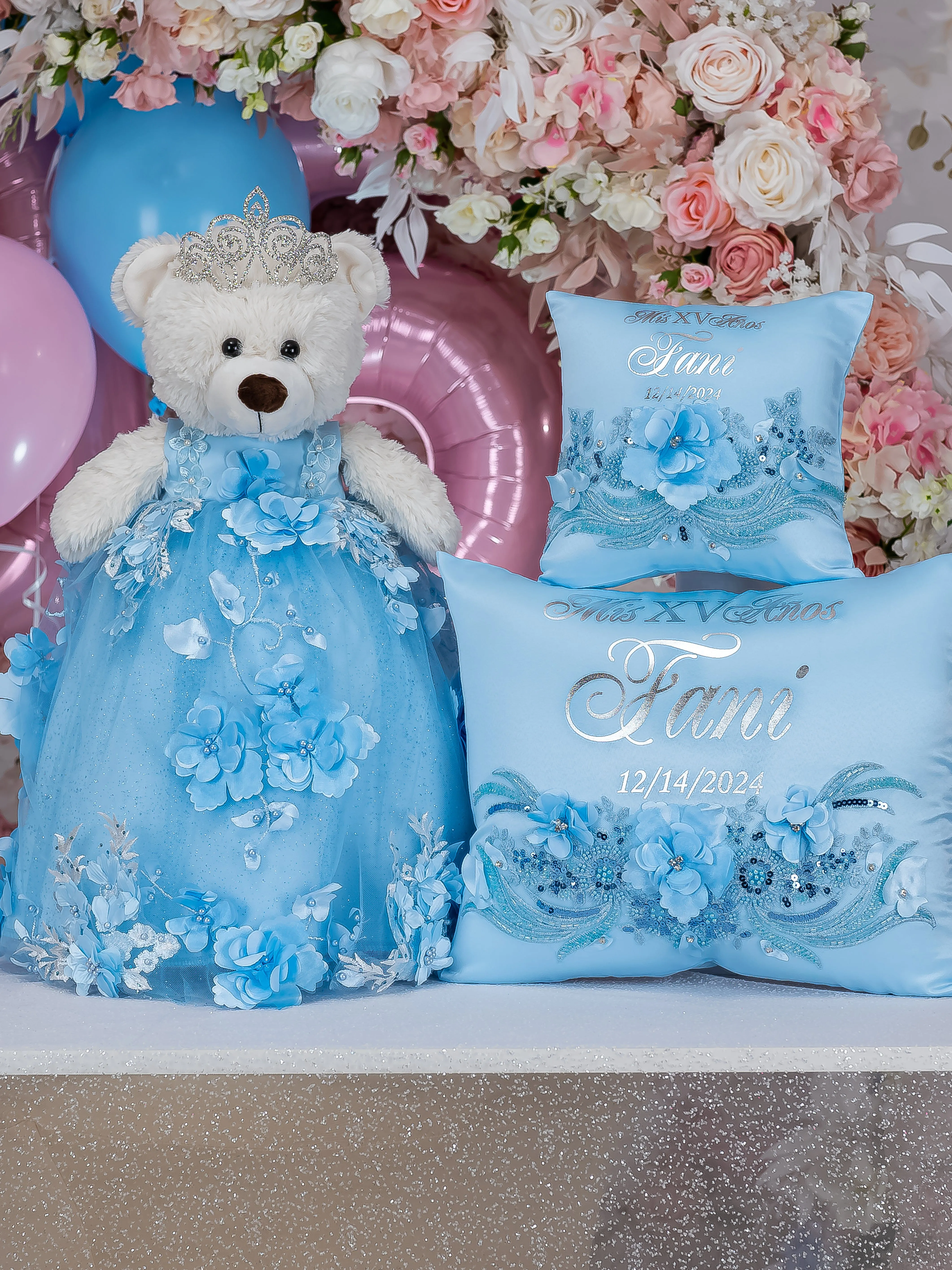 Light blue with flowers Teddy Bear for Quinceanera