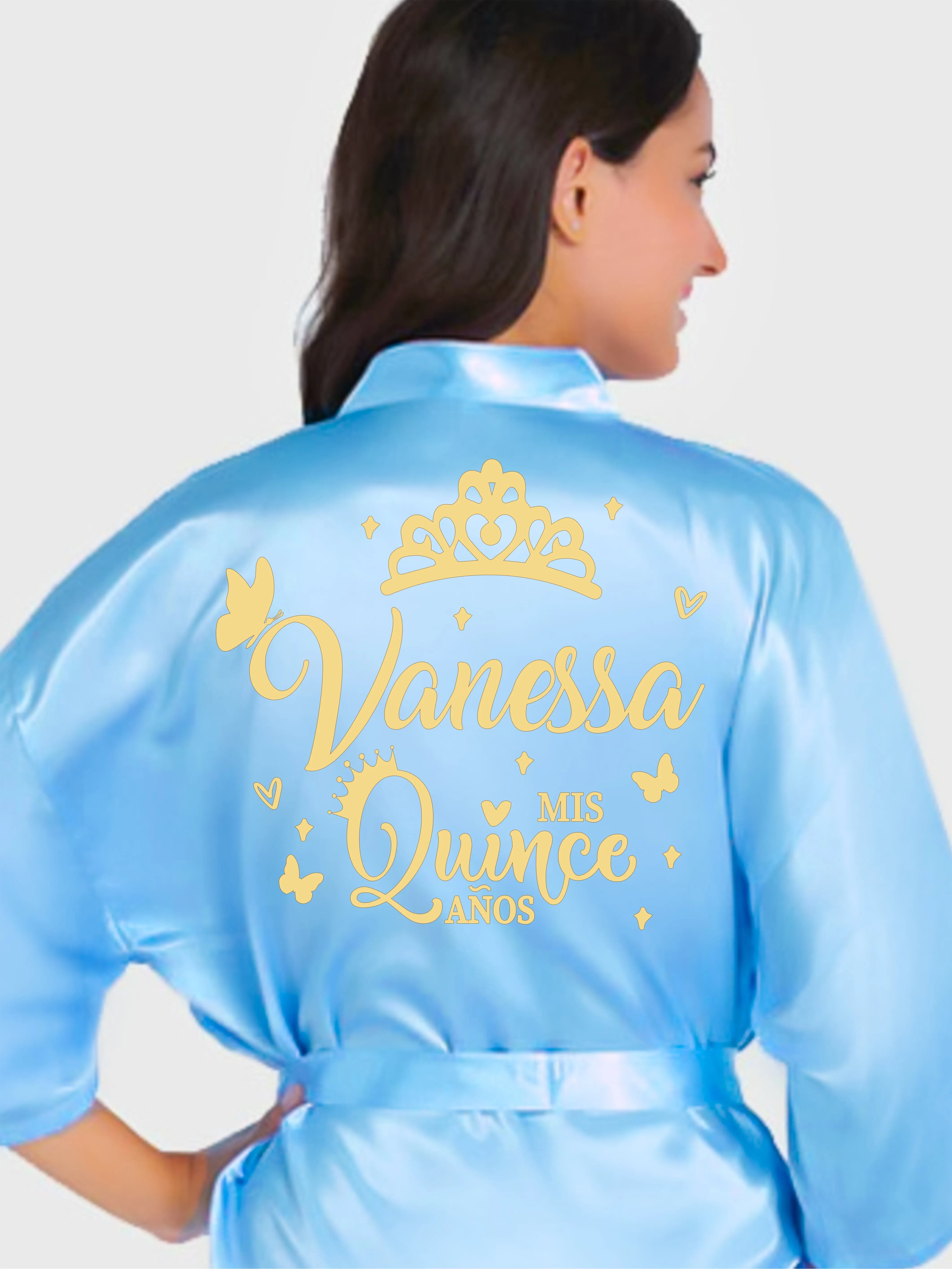 Light blue with Gold robe for quinceanera