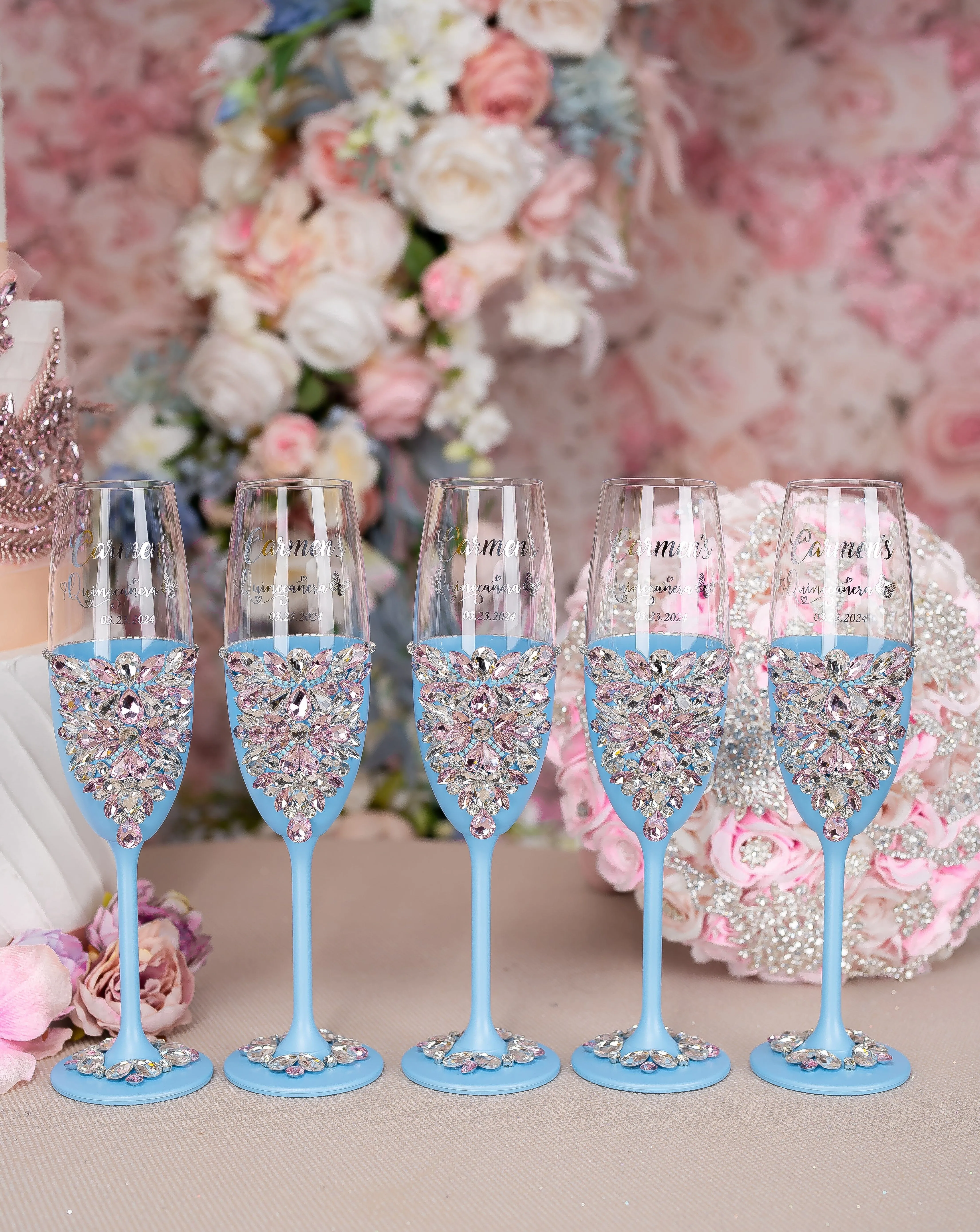 Light Blue with Pink Quinceanera Bottle with 4 Glasses