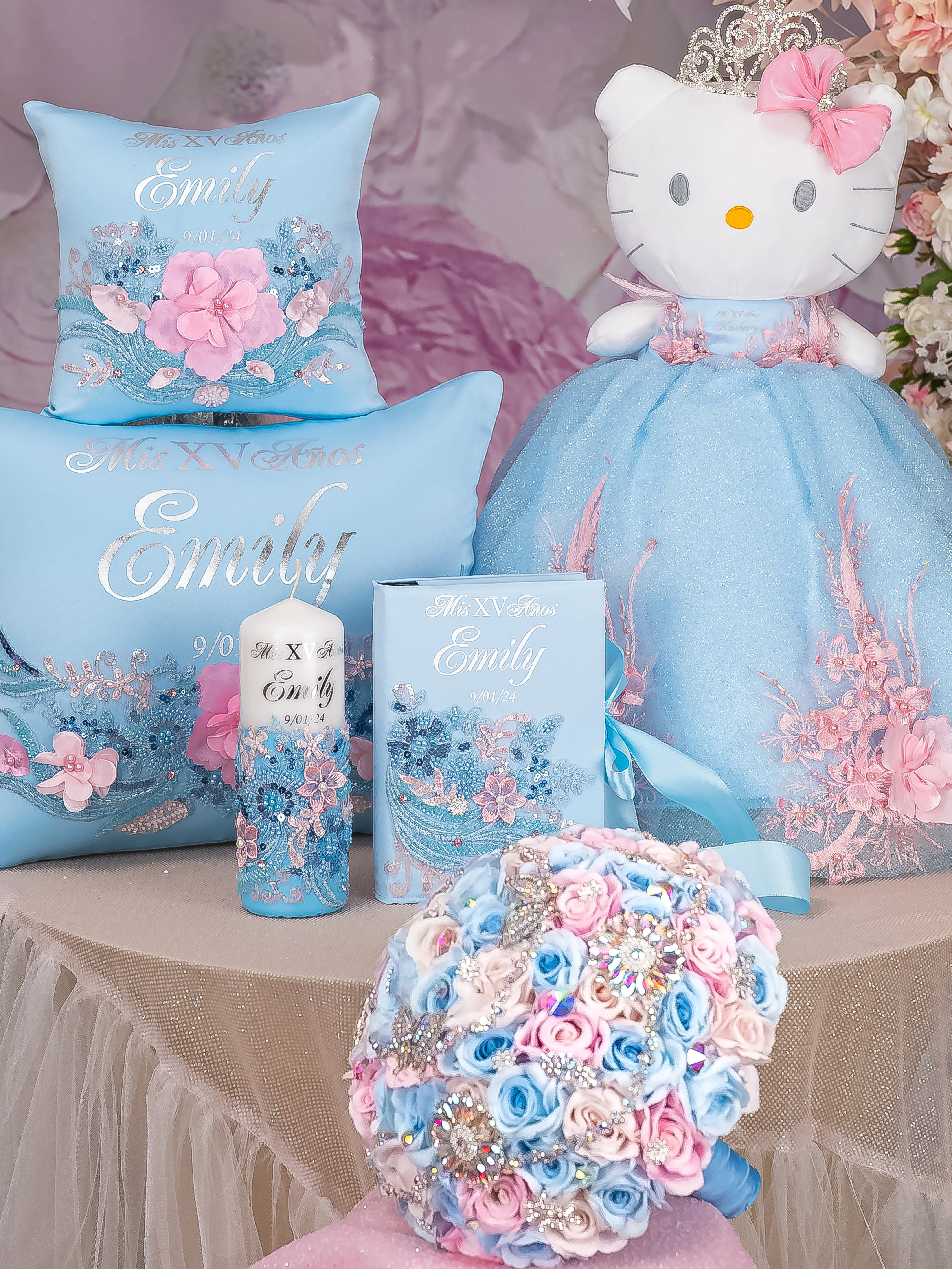 Light Blue with Pink Quinceanera Bottle with 4 Glasses