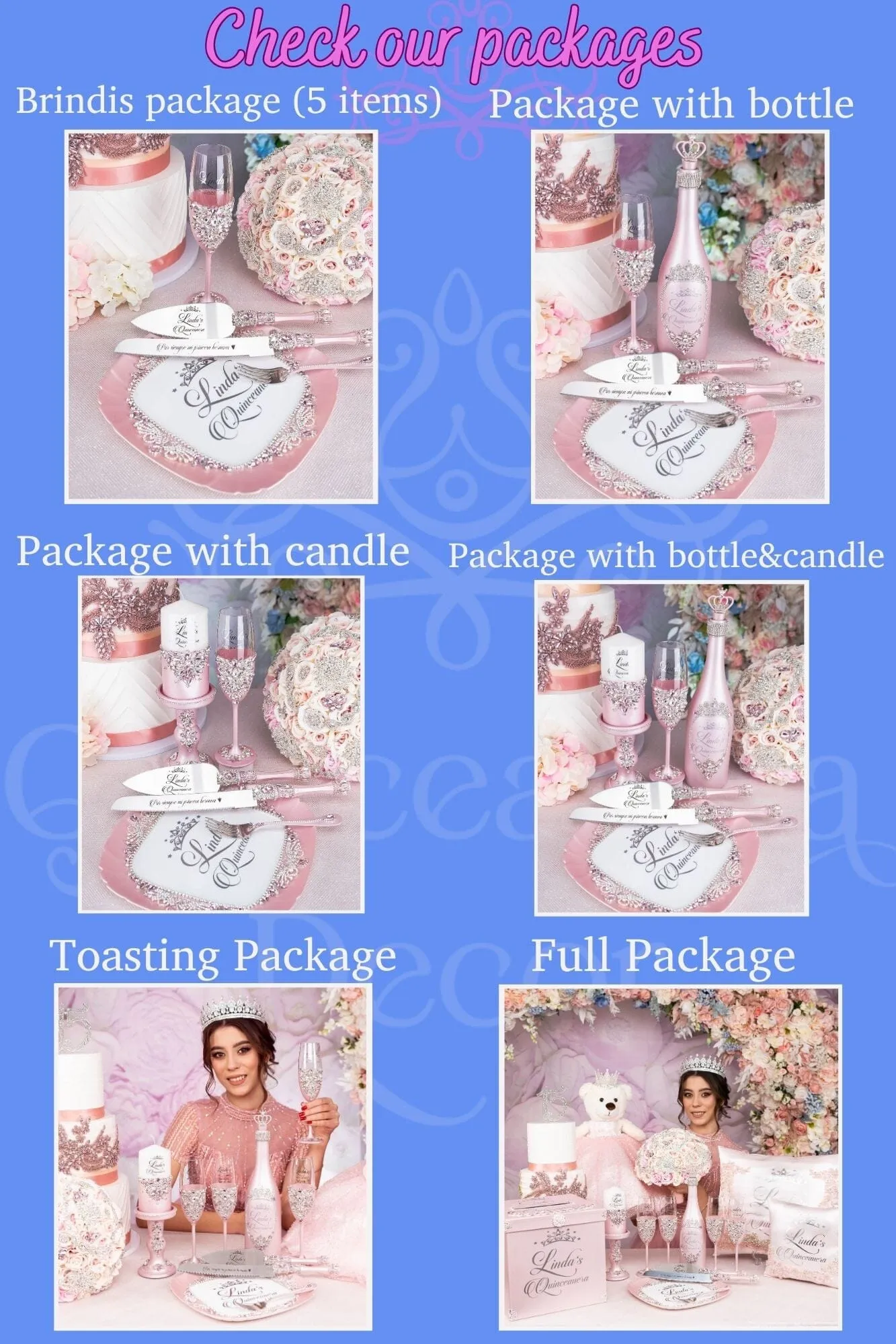 Light Blue with Pink Quinceanera Bottle with 4 Glasses