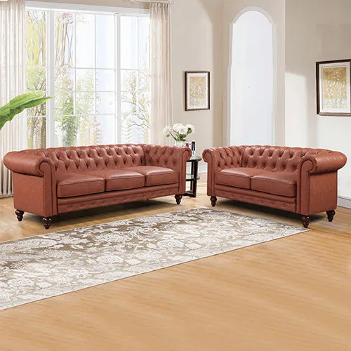 Luxurious Brown Faux Leather 3 2 Seater Chesterfield Sofa