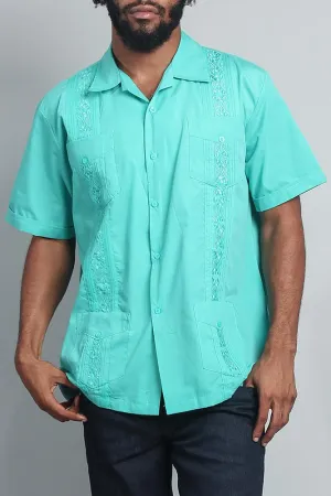 Men's Short Sleeve Cuban Style Guayabera Shirt (Aqua)