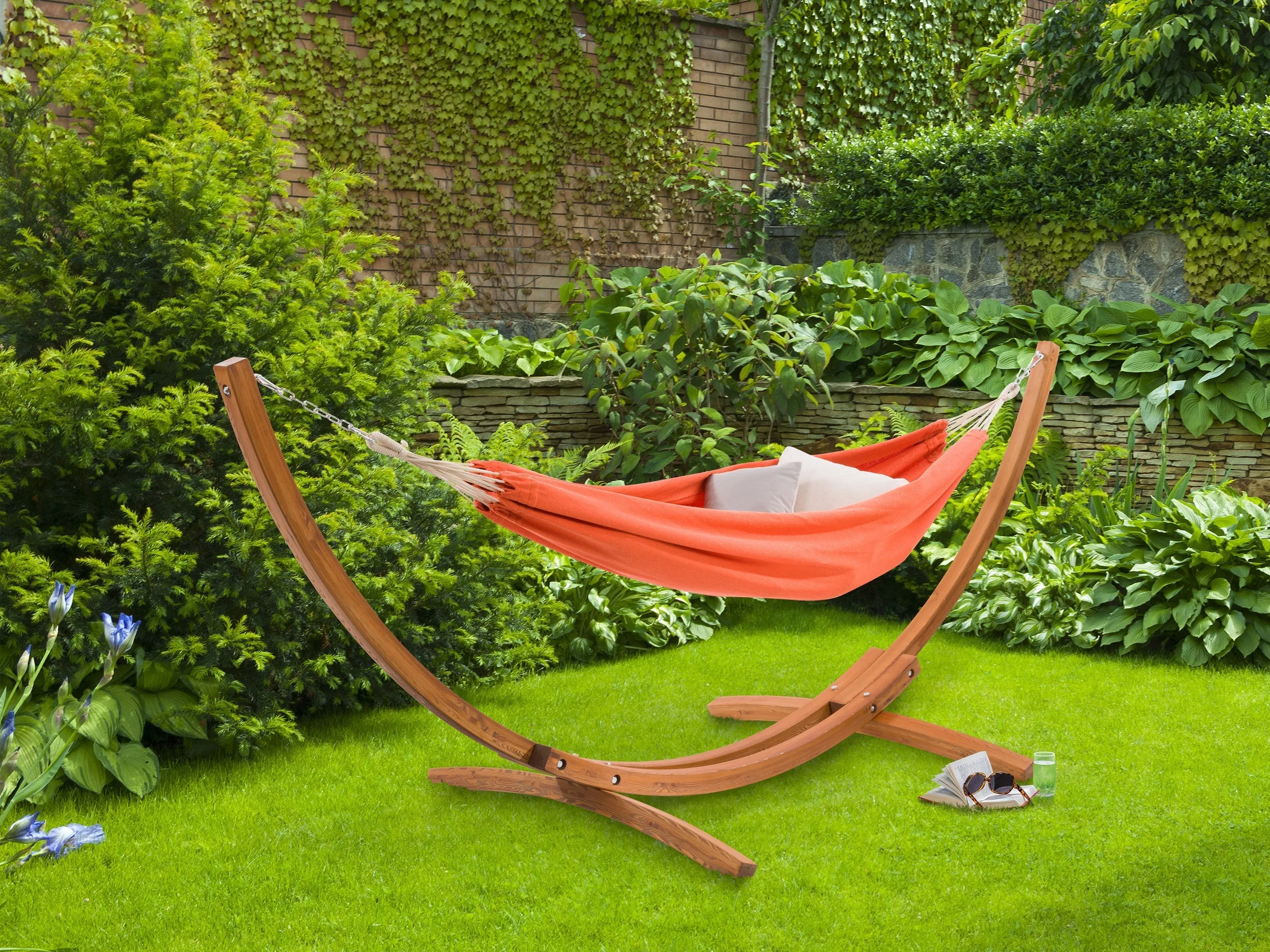 Orange Hammock with Wood Stand