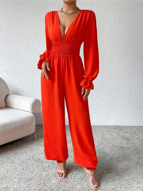 Plunge Smocked Flounce Sleeve Jumpsuit