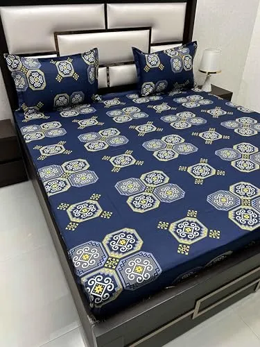 Pure Decor 100% Pure Cotton Velar SIB Collection King Size Procian Print Bedsheet for Double Bed (108"X108") with 2 Pillow Covers PD 4272 - Ethnic, Blue