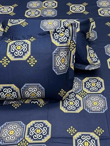 Pure Decor 100% Pure Cotton Velar SIB Collection King Size Procian Print Bedsheet for Double Bed (108"X108") with 2 Pillow Covers PD 4272 - Ethnic, Blue