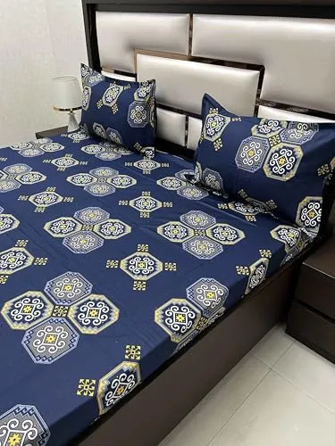 Pure Decor 100% Pure Cotton Velar SIB Collection King Size Procian Print Bedsheet for Double Bed (108"X108") with 2 Pillow Covers PD 4272 - Ethnic, Blue