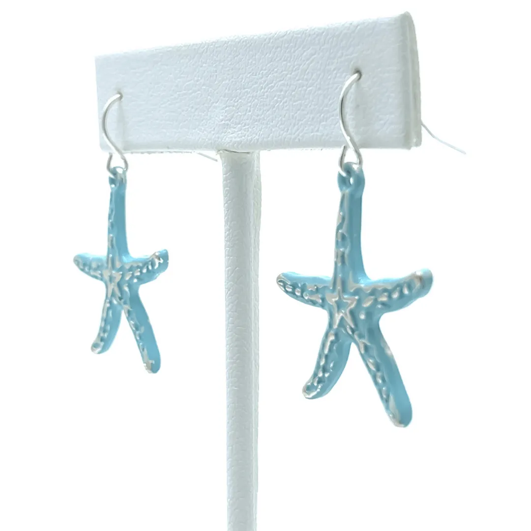 Silver Starfish Earrings With Blue Epoxy