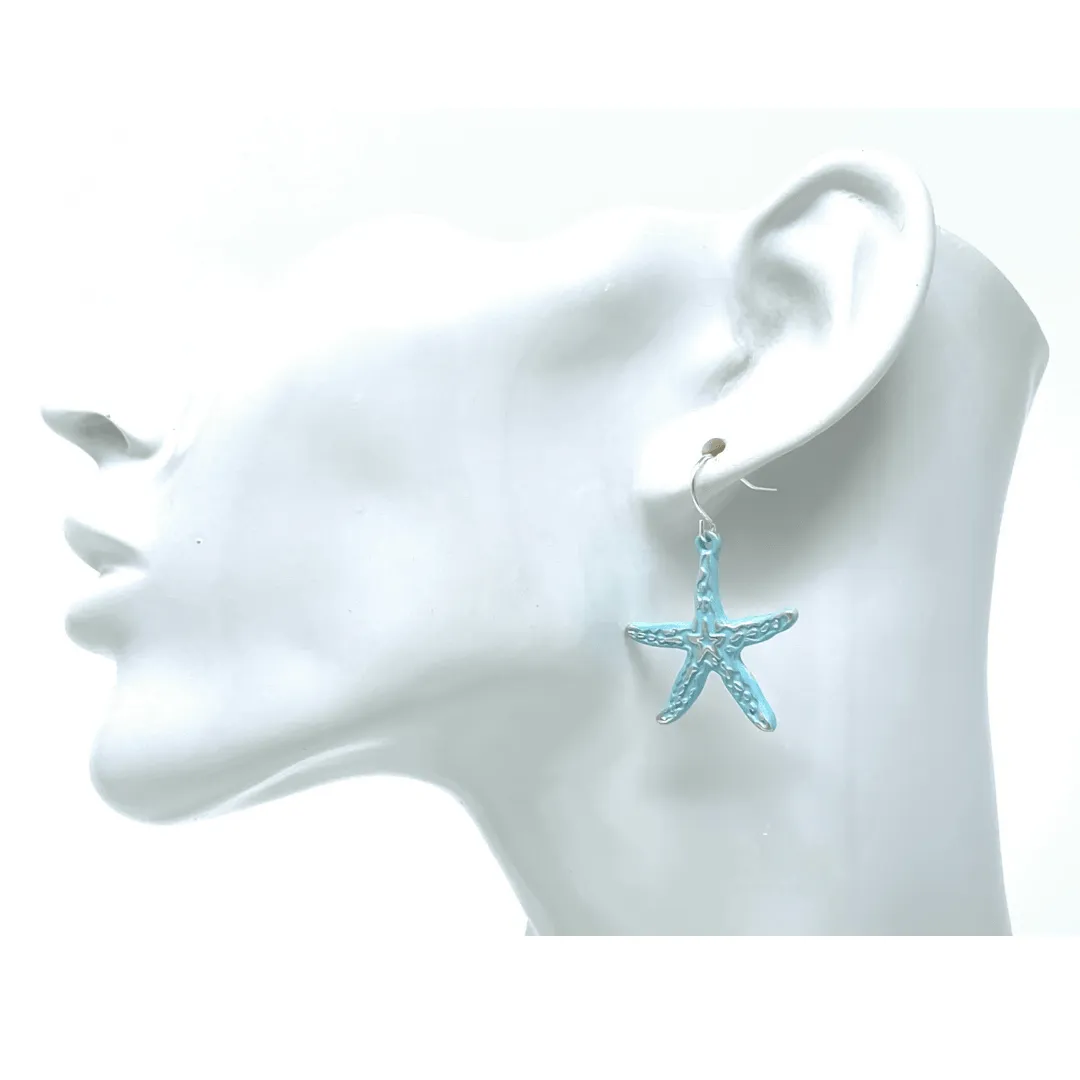 Silver Starfish Earrings With Blue Epoxy