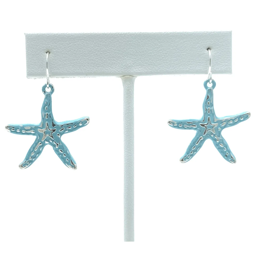 Silver Starfish Earrings With Blue Epoxy