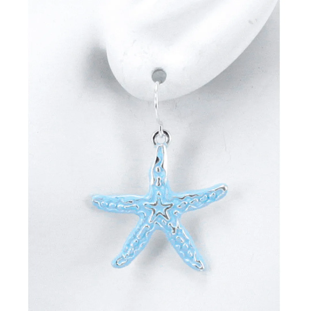 Silver Starfish Earrings With Blue Epoxy