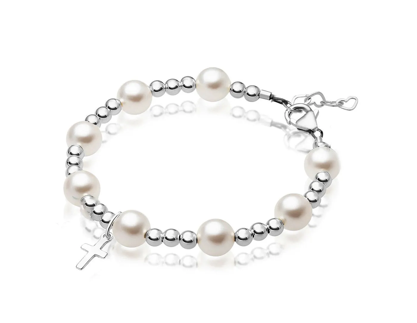 Teen Girl Sterling Silver Beads Baptism Cross Charm White Pearl Bracelet