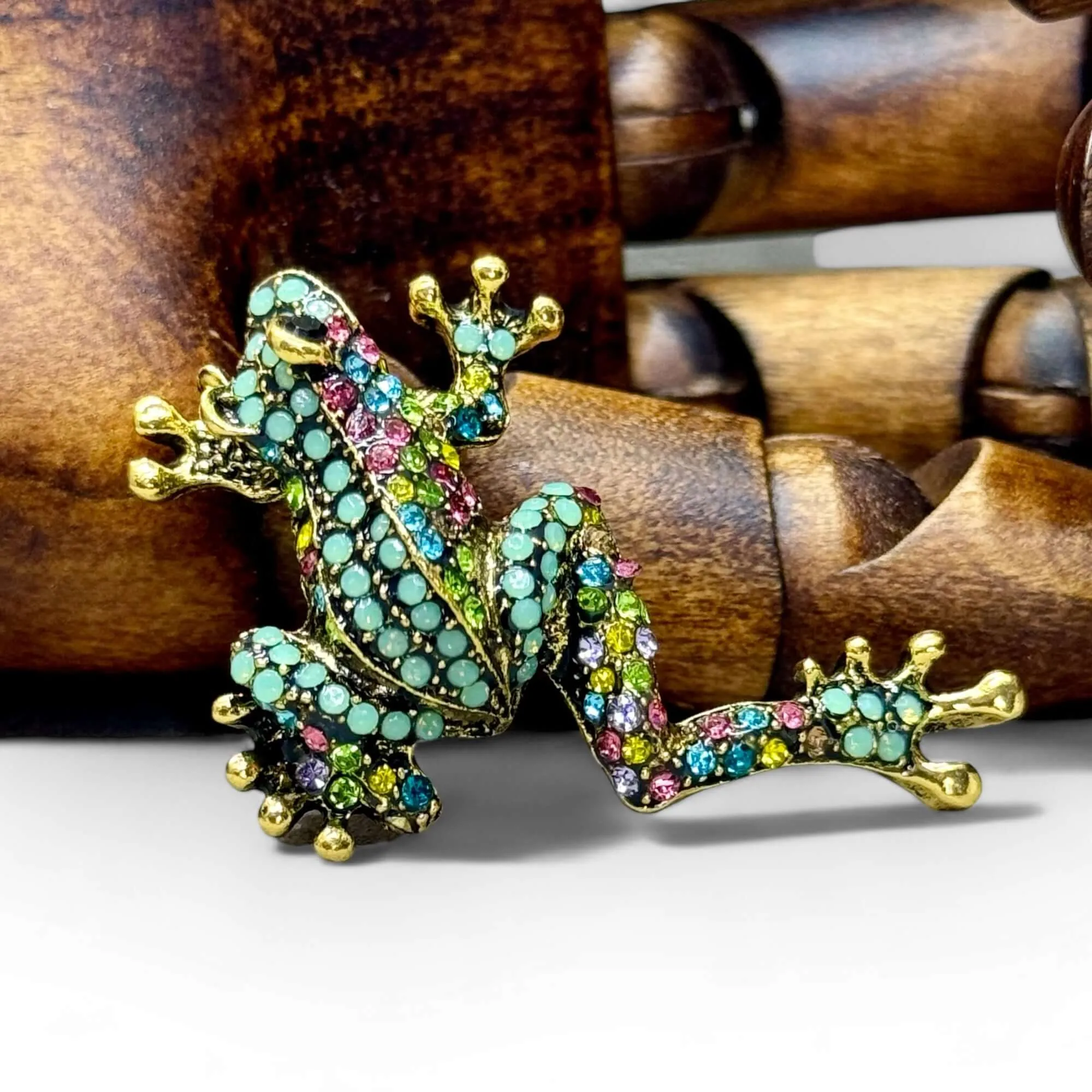 Vibrant Opalescent Rhinestone Frog Brooch