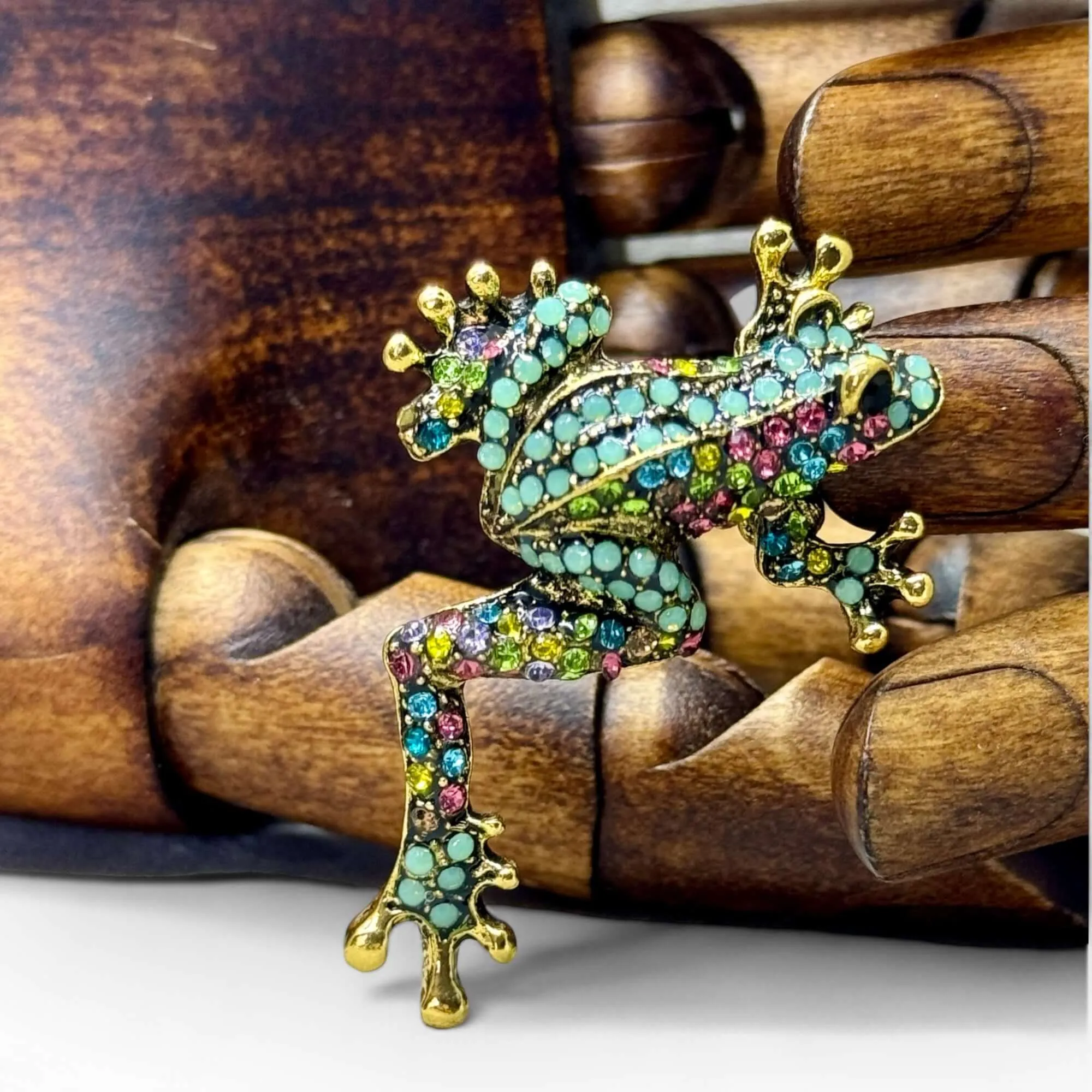 Vibrant Opalescent Rhinestone Frog Brooch