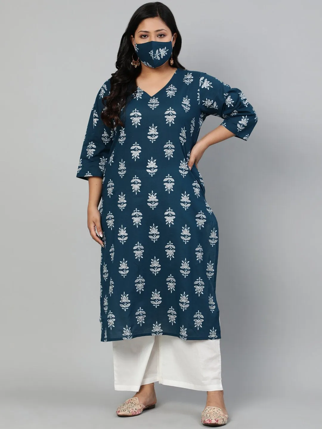 Women Teal Blue Printed Straight Kurta With V Neck & Three Quarters Sleeves