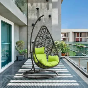 Wooden Twist Waterdrop Waterproof Rattan Outdoor Hanging Egg Swing Chair with Stand & Breathable Cushion