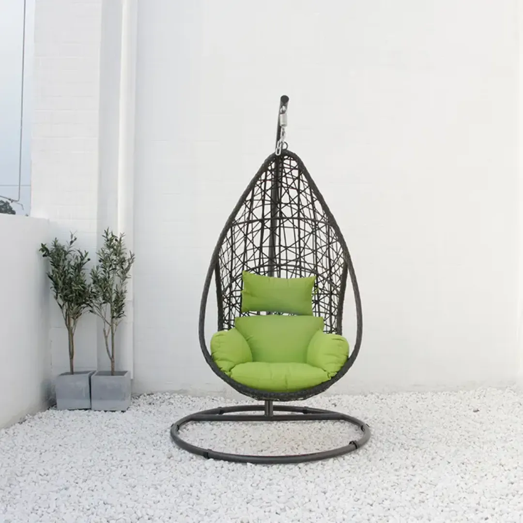 Wooden Twist Waterdrop Waterproof Rattan Outdoor Hanging Egg Swing Chair with Stand & Breathable Cushion