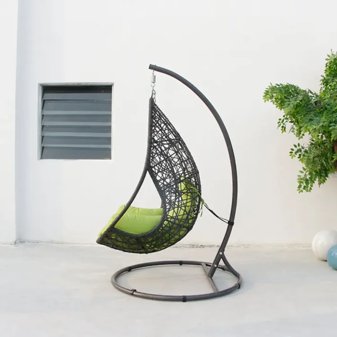 Wooden Twist Waterdrop Waterproof Rattan Outdoor Hanging Egg Swing Chair with Stand & Breathable Cushion